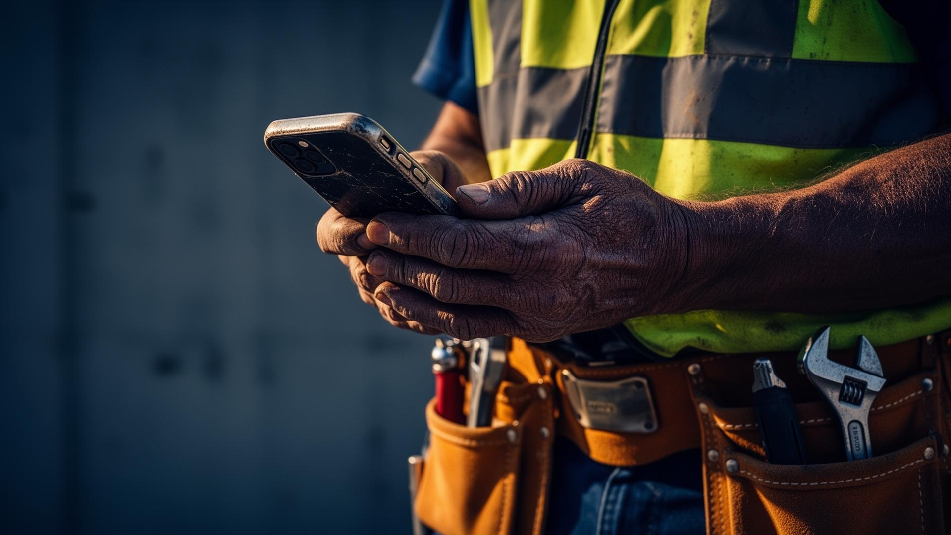 A tradesman's hands holding a smartphone on a job site